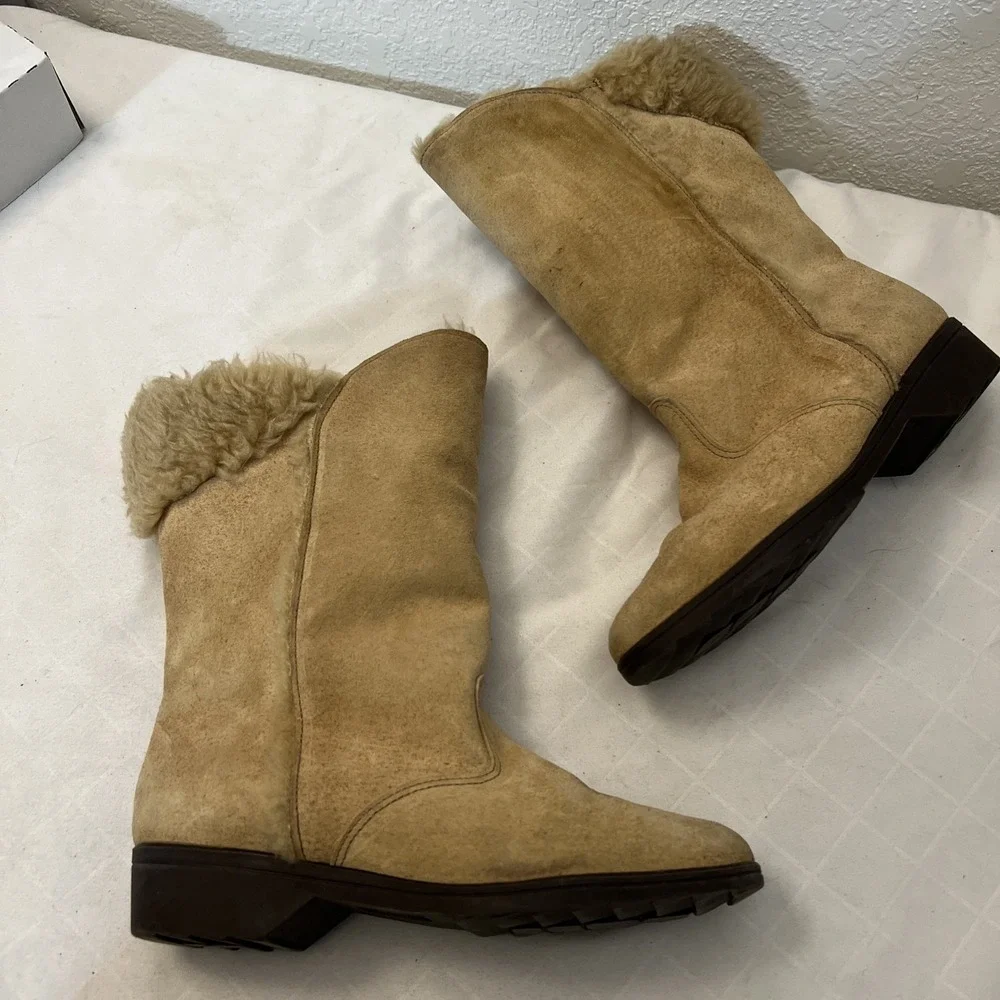 Hush Puppies Snow Boots Womens‎ 6M Sand Sheepskin Suede 75198 Mid Calf Pull On